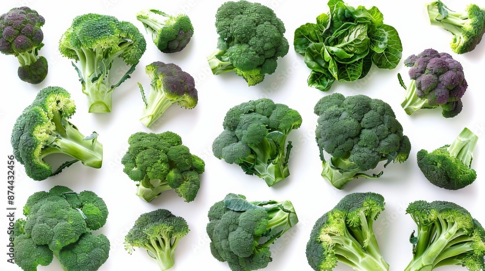 A selection of fresh raw cruciferous broccoli with vibrant green hues, on a simple white background, inspires healthy eating. A selection of fresh raw cruciferous broccoli with vibrant green hues, on a simple white background, inspires healthy eating.