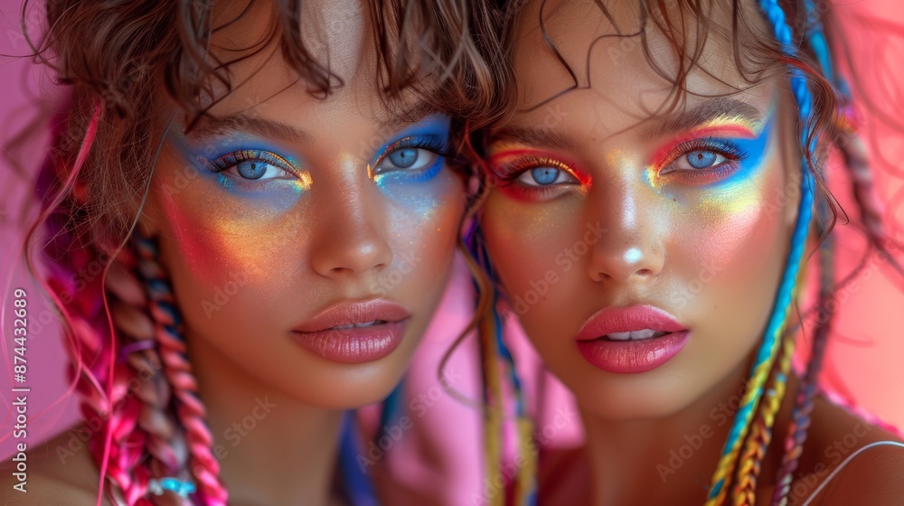 pretty twin women with rainbow colored braids and rainbow makeup pretty twin women with rainbow colored braids and rainbow makeup