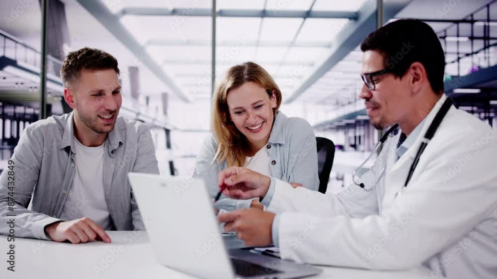 Smiling dentist sharing X-ray results with patients in dental office Smiling dentist sharing X-ray results with patients in dental office