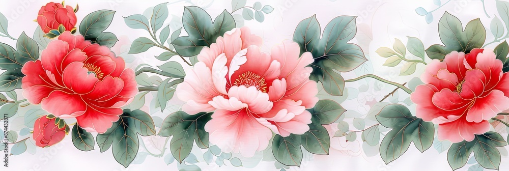 Elegant Chinese floral design with vibrant red and pink peonies and lush green leaves Elegant Chinese floral design with vibrant red and pink peonies and lush green leaves
