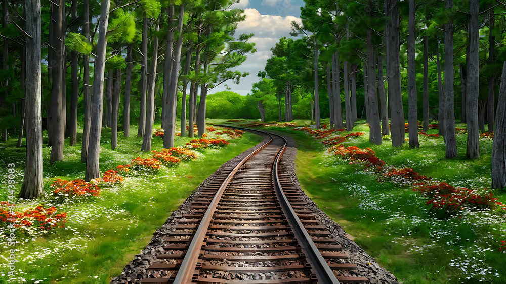 Obraz premium Railroad tracks winding through a green forest with beautiful flowers.