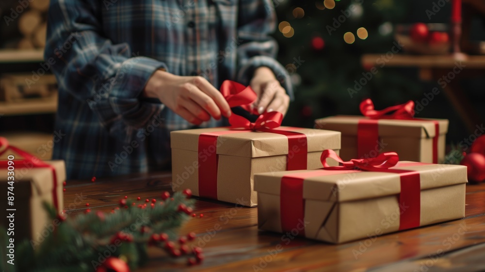 Person wrapping Christmas gifts with red ribbons on a wooden table, festive background with holiday decorations. Gift wrapping, holiday preparation, Christmas celebration, festive season. Person wrapping Christmas gifts with red ribbons on a wooden table, festive background with holiday decorations. Gift wrapping, holiday preparation, Christmas celebration, festive season.