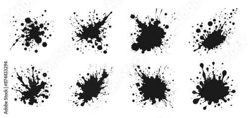 Trendy set with abstract ink splashes with streaks, smeared with paints. Modern vector illustration for templates.