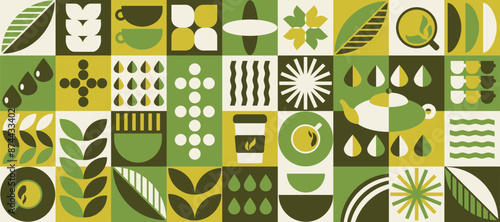 Pattern with tea theme. Geometric print, bannner with abstract shapes, cup, pot, tea leaves, water. Cover design, food package, menu, background, café wall, coffee shop, tea store