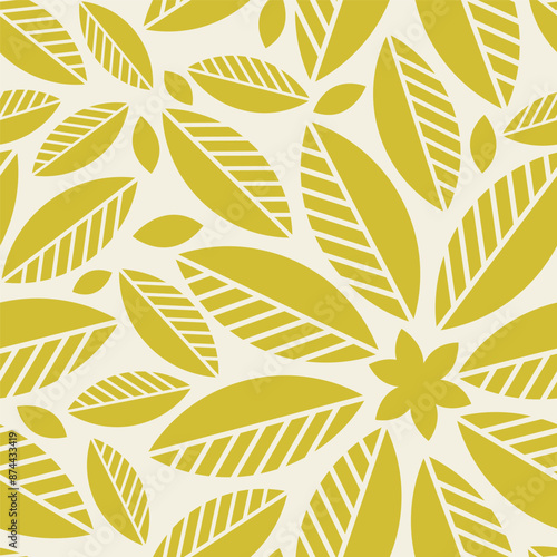 Green tea leawes geometric bauhaus seamless pattern in flat style, banner, wrapping paper, wallpaper, fabric, background