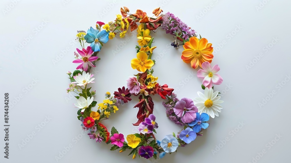 A vibrant peace sign made from an arrangement of colorful flowers on a white background, symbolizing peace and nature A vibrant peace sign made from an arrangement of colorful flowers on a white background, symbolizing peace and nature