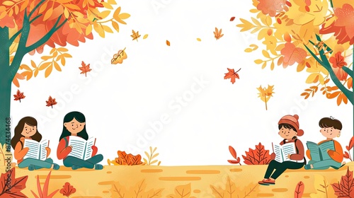 A charming illustration of children sitting under autumn trees reading books, surrounded by colorful leaves falling, representing a peaceful learning environment