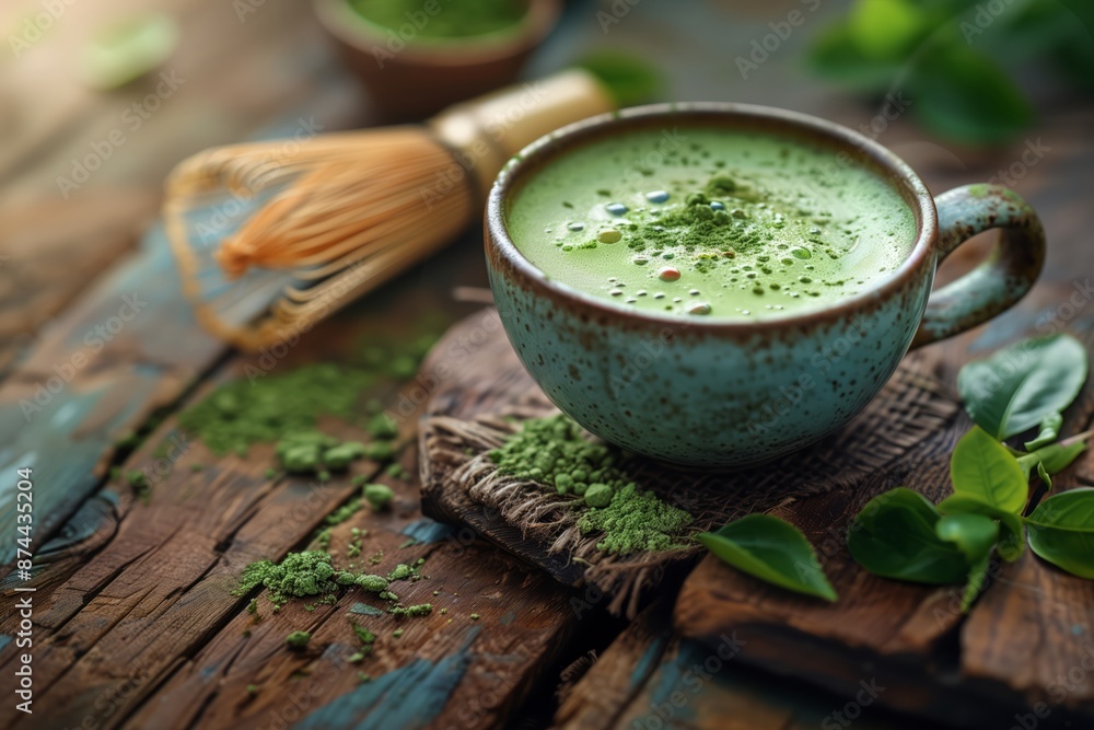 Matcha latte in a ceramic cup on a wooden table, green tea leaves, matcha bamboo whisk. Matcha latte, japanese tea with matcha, Matcha latte tea, vegan matcha, green tea matcha latte Matcha latte in a ceramic cup on a wooden table, green tea leaves, matcha bamboo whisk. Matcha latte, japanese tea with matcha, Matcha latte tea, vegan matcha, green tea matcha latte