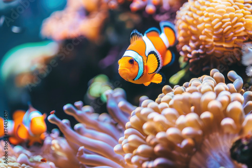 Clownfish swimming among vibrant coral reefs