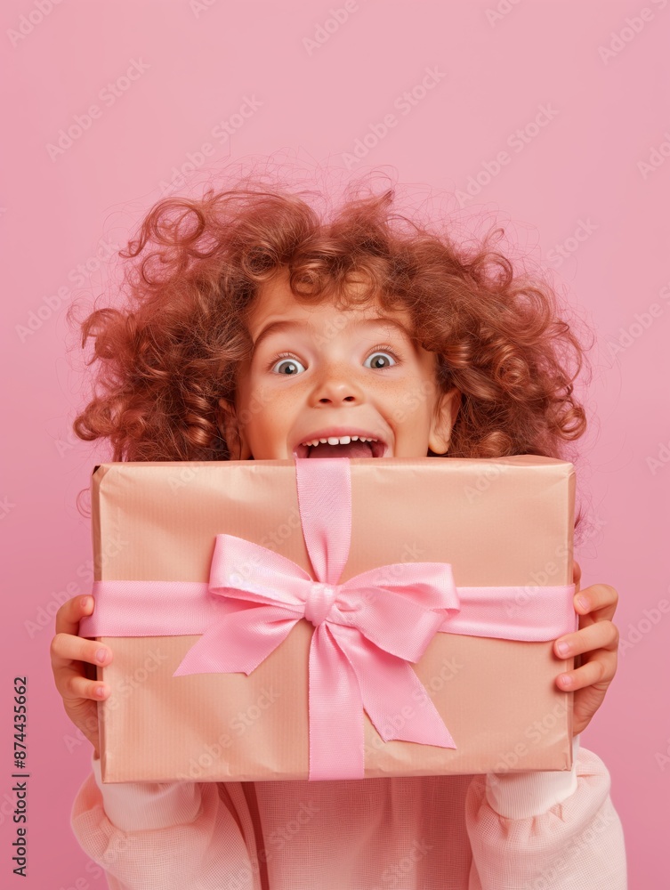 Excited kid holding pink gift box on pink background Excited kid holding pink gift box on pink background