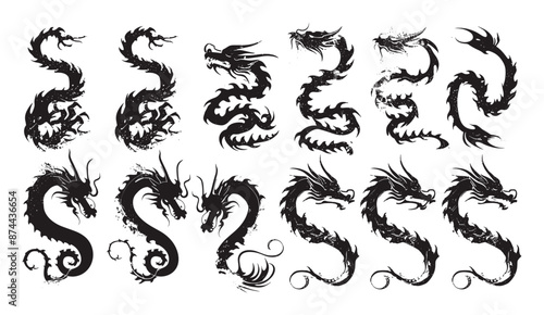 Vector set of Chinese dragon ink brushstroke, oriental calligraphy. Abstract snake silhouette stains, vintage zodiac, Japanese watercolor tribal tattoo kit, Ink dragon illustration, Asian art design,  © LOVE VECTOR