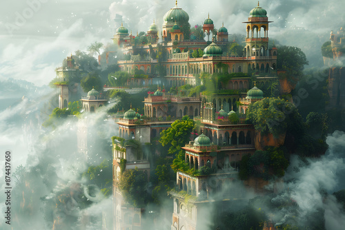 The Hanging Gardens of Babylon, one of the Seven Wonders of the Ancient World, depicted in a majestic and detailed landscape. This historic scene showcases the lush greenery and architectural marvel o photo