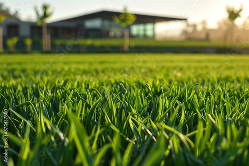 Green grass and modern house. Close-up view of garden and a house in the background. Sunlight and joyful day.