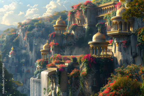 The Hanging Gardens of Babylon, one of the Seven Wonders of the Ancient World, depicted in a majestic and detailed landscape. This historic scene showcases the lush greenery and architectural marvel o photo