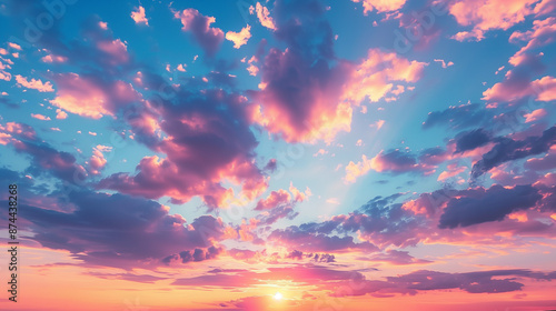 Colorful sunset with cloudy sky. The perfect summer wallpaper. Bright epic sky.