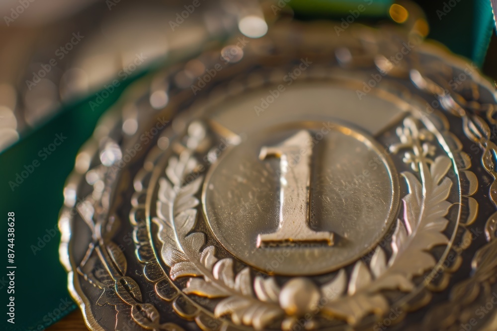 Gold First Place Medal on Green Ribbon with Laurel Wreath for Award and Recognition Gold First Place Medal on Green Ribbon with Laurel Wreath for Award and Recognition