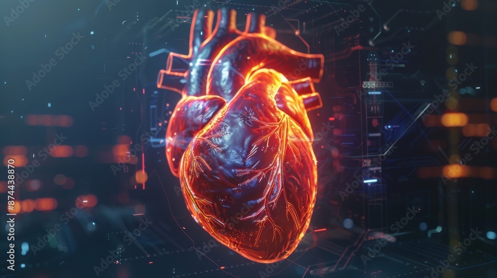 Fototapeta premium A heart is shown in a digital image with a red glow