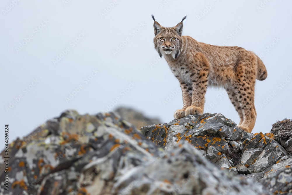 Obraz premium Lynx standing on a rocky outcrop, alert and watchful