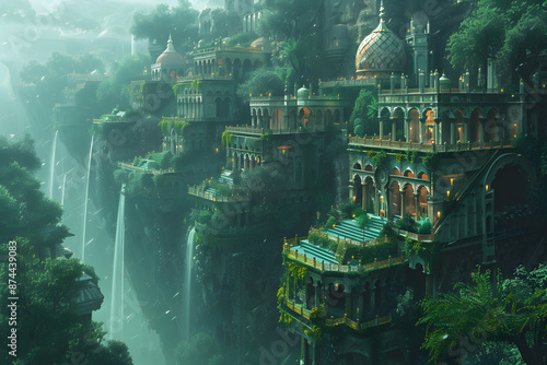 The Hanging Gardens of Babylon, one of the Seven Wonders of the Ancient World, depicted in a majestic and detailed landscape. This historic scene showcases the lush greenery and architectural marvel o photo