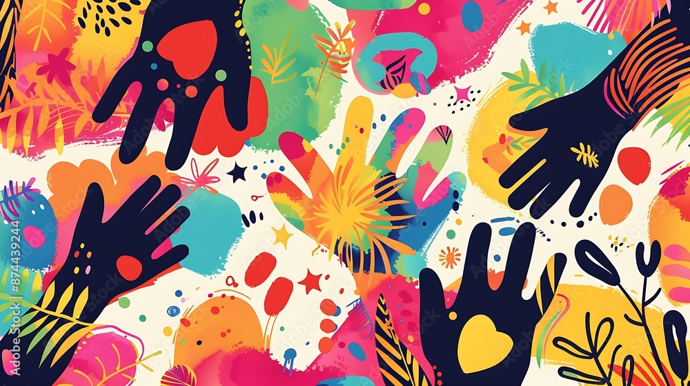 Fototapeta premium Happy Friendship Day card featuring vibrant, abstract patterns and unity symbols.