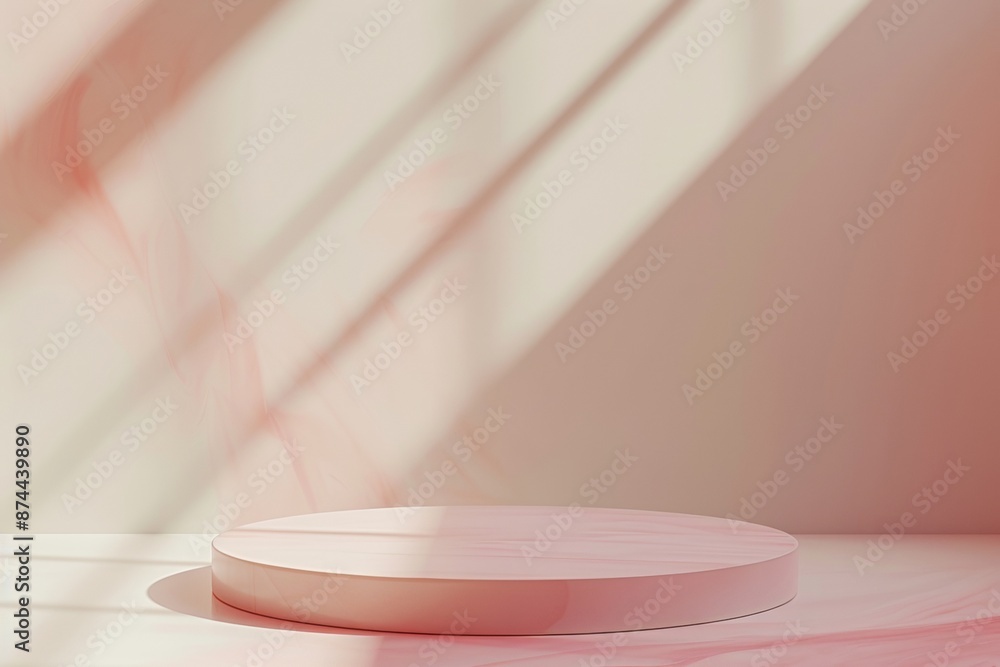 Elegant Pastel Red Minimalist Podium on Soft White Background for Product Display, with Gentle Natural Light and Shadows Elegant Pastel Red Minimalist Podium on Soft White Background for Product Display, with Gentle Natural Light and Shadows