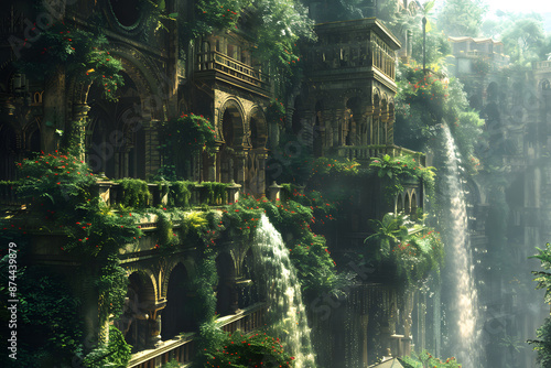 The Hanging Gardens of Babylon, one of the Seven Wonders of the Ancient World, depicted in a majestic and detailed landscape. This historic scene showcases the lush greenery and architectural marvel o
