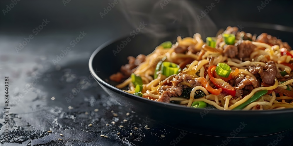Moody cinematic shot of gourmet lo mein with dramatic lighting and shadows. Concept Food Photography, Gourmet Cuisine, Moody Lighting, Cinematic Shot, Dramatic Shadows Moody cinematic shot of gourmet lo mein with dramatic lighting and shadows. Concept Food Photography, Gourmet Cuisine, Moody Lighting, Cinematic Shot, Dramatic Shadows