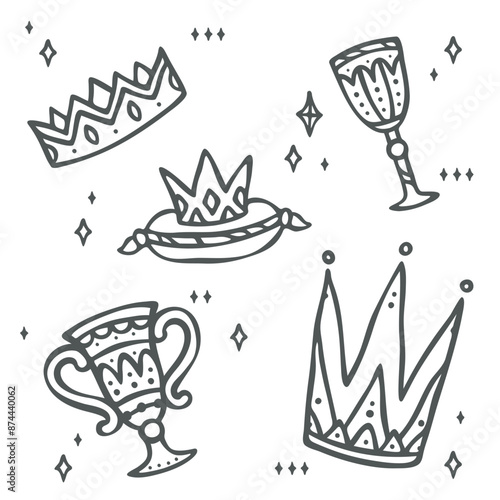 Little king illustration elements in hand drawing black outline ink style for kids baby boys children child