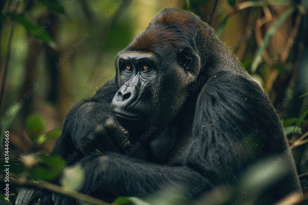 Fototapeta premium Gorilla sitting in the forest, gazing pensively into the distance