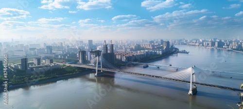 Aerial View of Modern Bridge Spanning River with Cityscape and Urban Integration photo