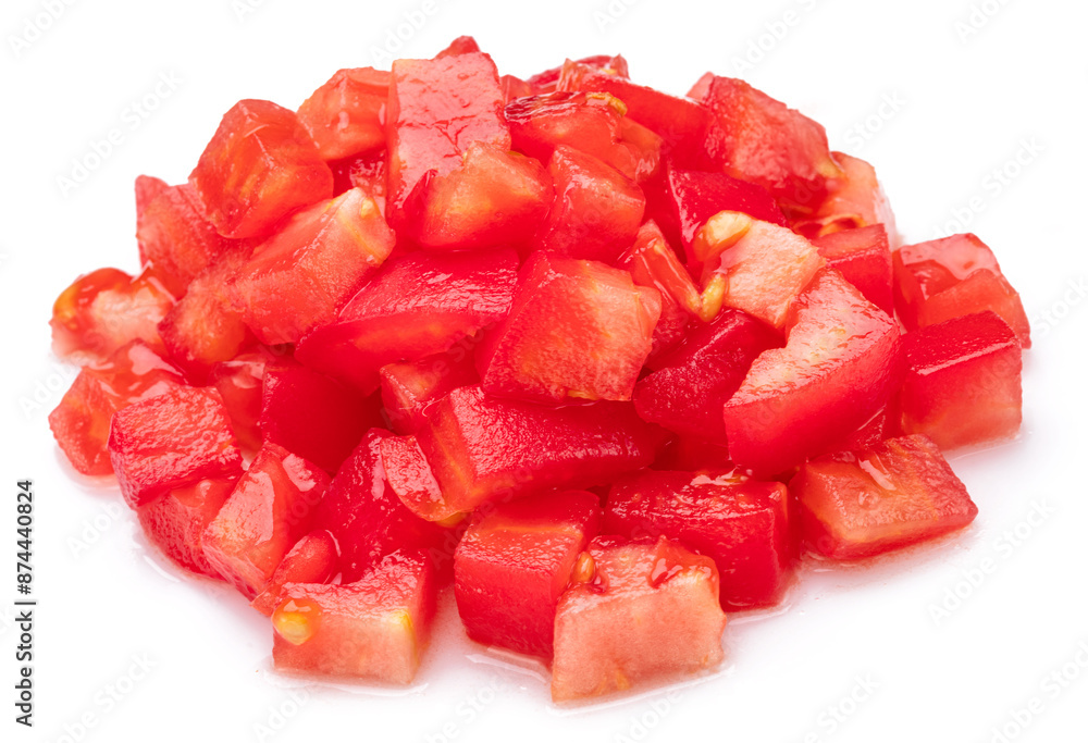 Peeled and diced fresh tomatoes isolated on white background. Macro shot. Peeled and diced fresh tomatoes isolated on white background. Macro shot.