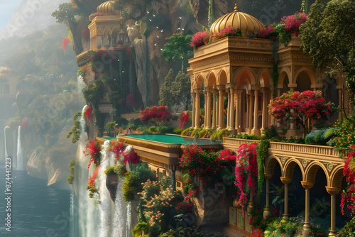 The Hanging Gardens of Babylon, one of the Seven Wonders of the Ancient World, depicted in a majestic and detailed landscape. This historic scene showcases the lush greenery and architectural marvel o