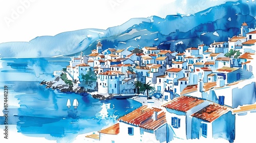 Coastal Village A watercolor illustration of a charming Mediterranean coastal village with white and blue houses cascading down to the sea