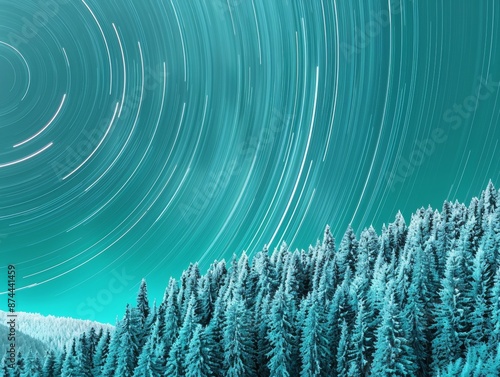 Mesmerizing Star Trails Above Snow-Covered Pine Forest at Night, Capturing Celestial Elegance and Timeless Tranquility photo