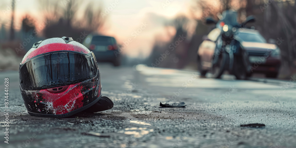 A dramatic scene of a motorcycle accident on a wet road during a rainy day, highlighting danger and emergency. A dramatic scene of a motorcycle accident on a wet road during a rainy day, highlighting danger and emergency.
