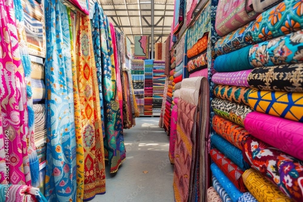An energetic bazaar with rows of vibrant fabrics and textiles on display. An energetic bazaar with rows of vibrant fabrics and textiles on display.