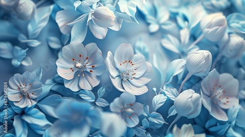 Tranquil Blue Floral Patterns - 3D Render with Realistic Style and Soft Focus Centered Composition in Cool Tones © Chiradet