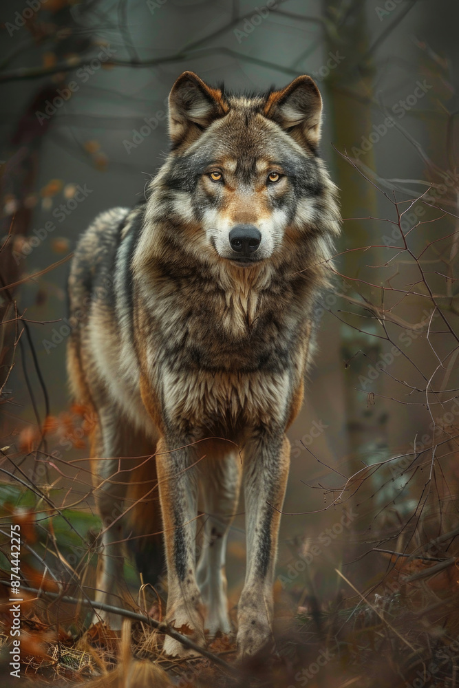 Wolf standing in the forest, its piercing eyes glowing Wolf standing in the forest, its piercing eyes glowing