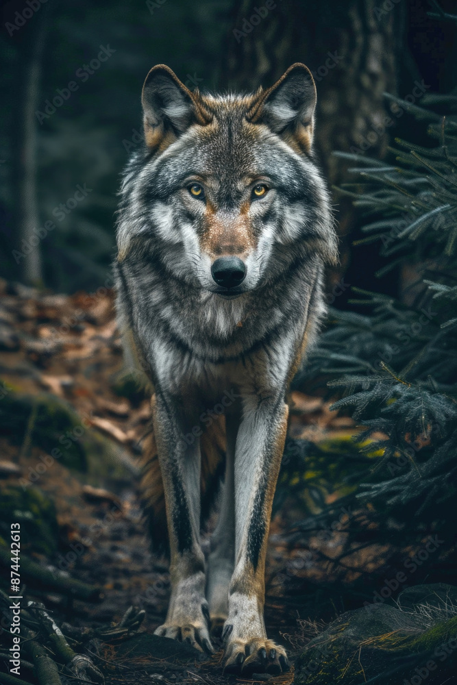 Wolf standing in the forest, its piercing eyes glowing Wolf standing in the forest, its piercing eyes glowing