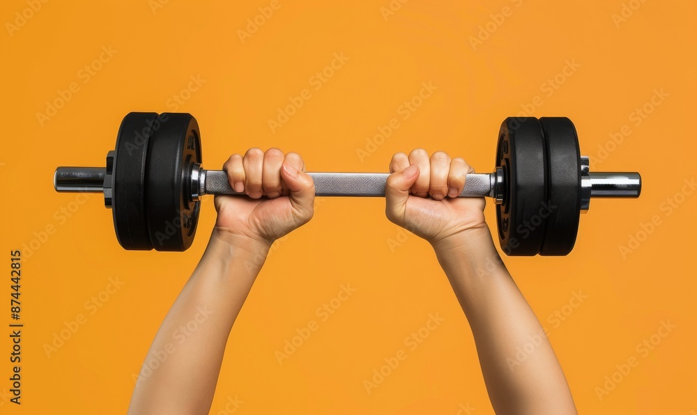 dynamic close-up of a person lifting weights with both hands against an orange background, emphasizing strength and fitness in the sport of weightlifting, showcasing form and powerhouse muscles dynamic close-up of a person lifting weights with both hands against an orange background, emphasizing strength and fitness in the sport of weightlifting, showcasing form and powerhouse muscles