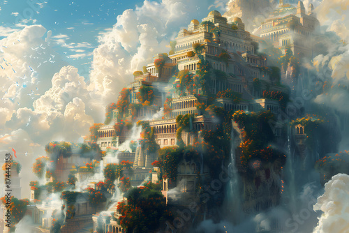 The Hanging Gardens of Babylon, one of the Seven Wonders of the Ancient World, depicted in a majestic and detailed landscape. This historic scene showcases the lush greenery and architectural marvel o