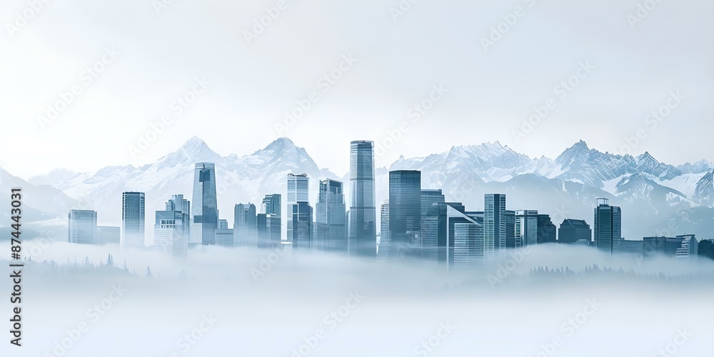 Naklejka premium City skyline and mountain range double exposure creating contrast and intrigue. Concept Double Exposure, City Skyline, Mountain Range, Contrast, Intrigue