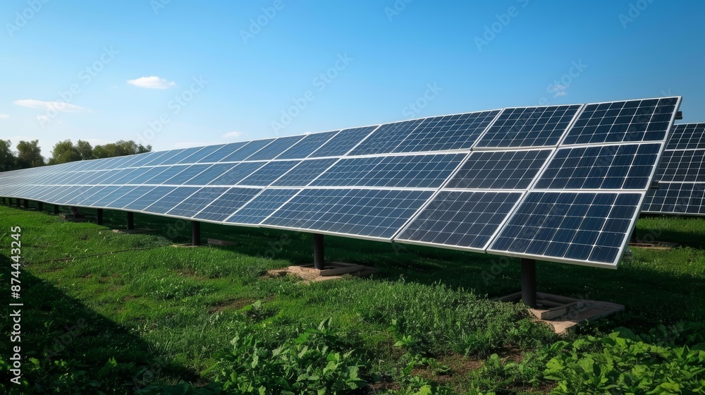 A modern solar farm with advanced photovoltaic cells, representing sustainable progress, high-tech and efficient energy production