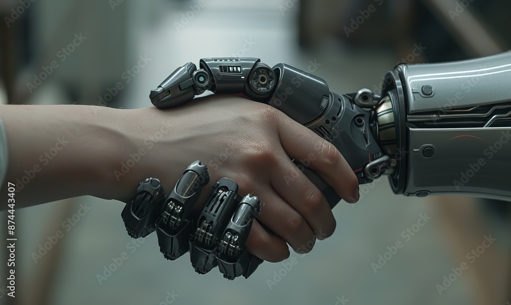 cinematic movie still of a robot hand and human arm shaking hands, capturing the dramatic essence of their connection without any repeated words or characters cinematic movie still of a robot hand and human arm shaking hands, capturing the dramatic essence of their connection without any repeated words or characters