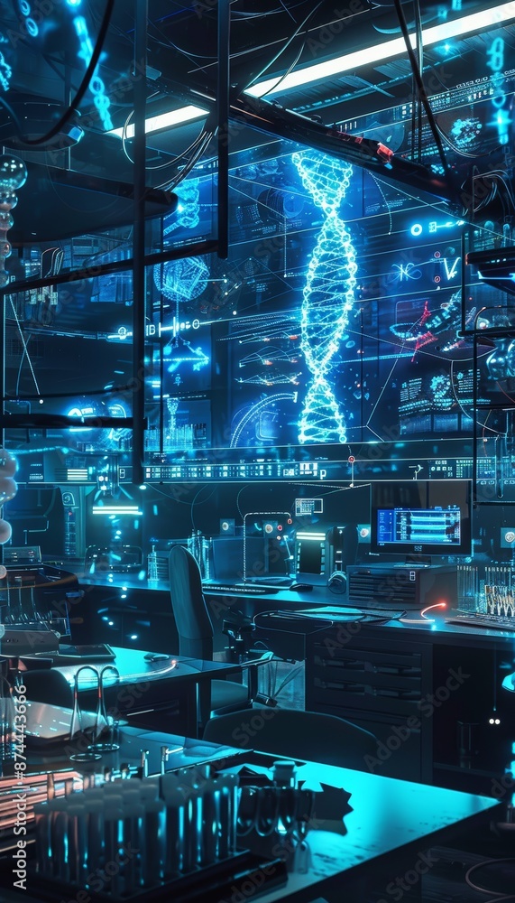Fototapeta premium Futuristic Biotechnology Lab with Scientists Synthesizing Artificial DNA for Genetic Research