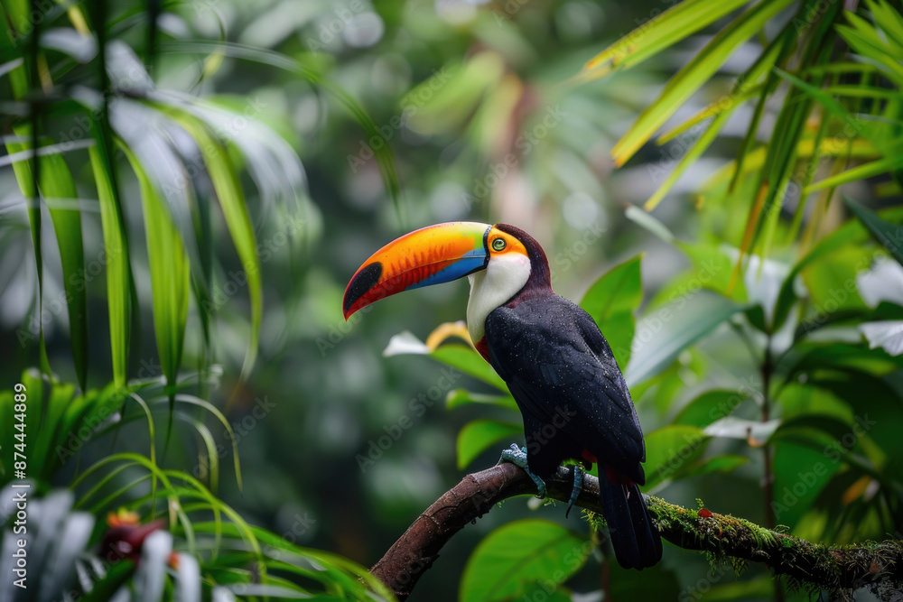 Obraz premium Toucan perched on a branch, its colorful beak vibrant against green leaves