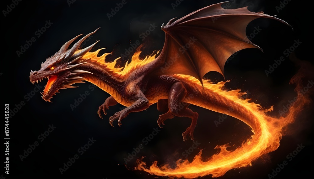 Obraz premium Beautiful fire dragon flying in air behind dark background