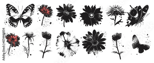 Set of trendy retro photocopy effect elements with wild flower heads and butterflies, grunge punk gritty texture, grainy gradient, and stippling. Includes trendy y2k dotted vector illustration.