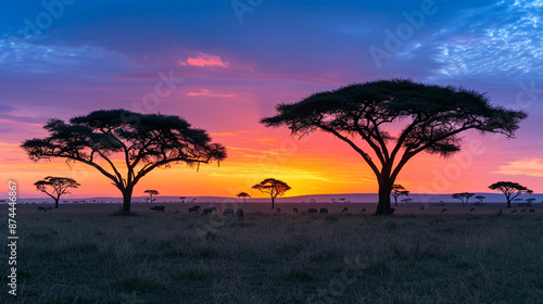 African savanna sunset with silhouette of trees and zebras.