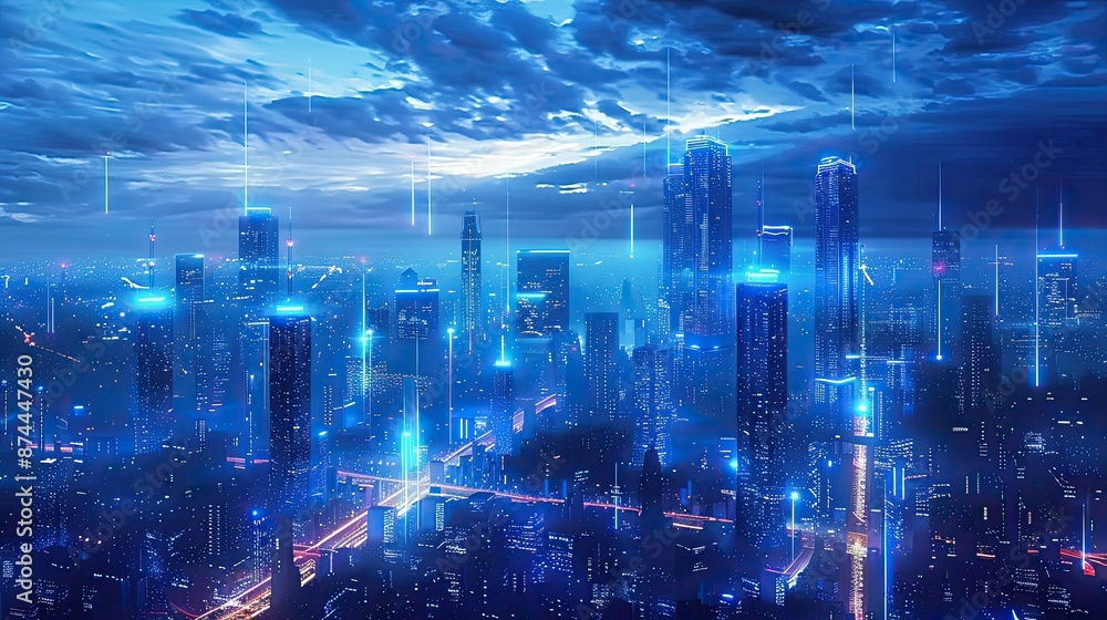 Futuristic cityscape with glowing blue neon lights Futuristic cityscape with glowing blue neon lights